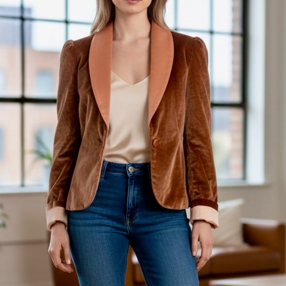 The Strawberry Plant Jackets & Blazers - Vintage Strawberry Plant Tan Velvet Long Puffed Sleeve Blazer Jacket Size 3-4
